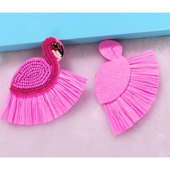 Flamingo Beaded and Raffia Earrings - Picture 3 of 3